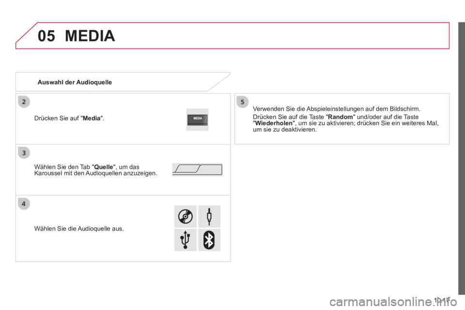 CITROEN JUMPER 2015  Betriebsanleitungen (in German) 05
10.17
JUMPER-PAPIER_DE_CHAP10A_AUTORADIO_FIAT-TACTILE-1_ED01-2014
 MEDIA 
Auswahl  der  Audioquelle  
  Verwenden Sie die Abspieleinstellungen auf dem Bildschirm. 
 Drücken Sie auf die Taste " Ran