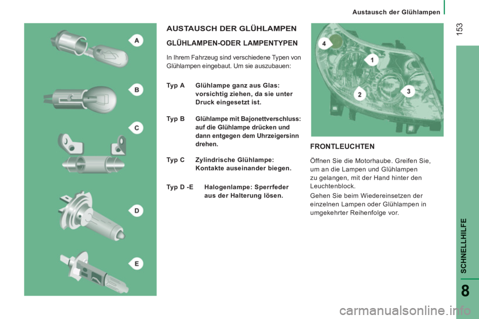 CITROEN JUMPER 2014  Betriebsanleitungen (in German) 153
SCHNELLHILFE
8
   
 
Austausch der Glühlampen
 
 
GLÜHLAMPEN-ODER LAMPENTYPEN
 
In Ihrem Fahrzeug sind verschiedene Typen von 
Glühlampen eingebaut. Um sie auszubauen: 
  AUSTAUSCH DER GLÜHLAM