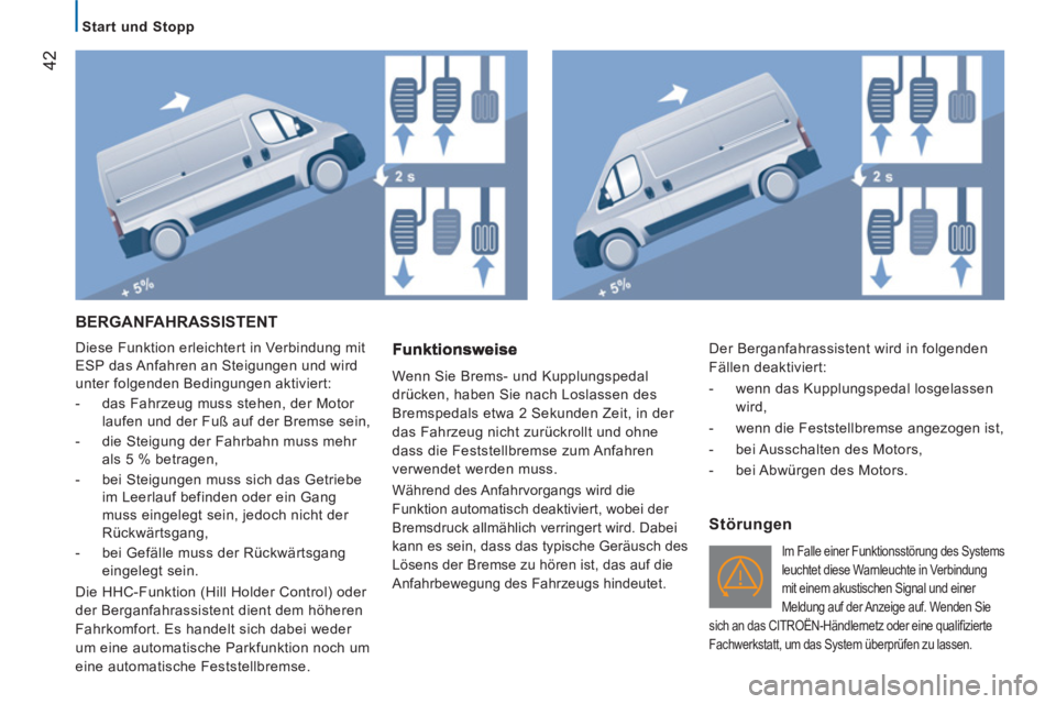 CITROEN JUMPER 2014  Betriebsanleitungen (in German) 42
   
 
Start und Stopp  
 
 
BERGANFAHRASSISTENT 
 
Diese Funktion erleichtert in Verbindung mit 
ESP das Anfahren an Steigungen und wird 
unter folgenden Bedingungen aktiviert: 
   
 
-   das Fahrz