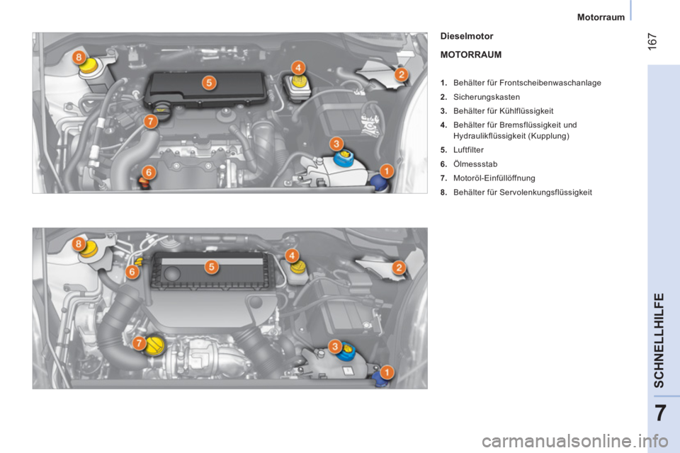 CITROEN NEMO 2014  Betriebsanleitungen (in German)  167
7
SCHNELLHILFE
 
 
 
Motorraum  
 
   
Dieselmotor  
  MOTORRAUM 
 
 
 
 
1.   Behälter für Frontscheibenwaschanlage 
   
2.  Sicherungskasten  
   
3.   Behälter für Kühlflüssigkeit 
   
4