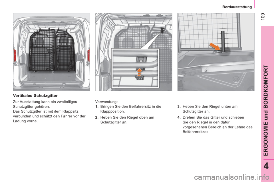 CITROEN NEMO 2013  Betriebsanleitungen (in German)  109
4
ERGONOMIE und BORDKOMFORT
 
 
 
Bordausstattung  
 
 
 
Vertikales Schutzgitter 
 
Verwendung: 
   
3. 
  Heben Sie den Riegel unten am 
Schutzgitter an. 
   
4. 
  Drehen Sie das Gitter und sc