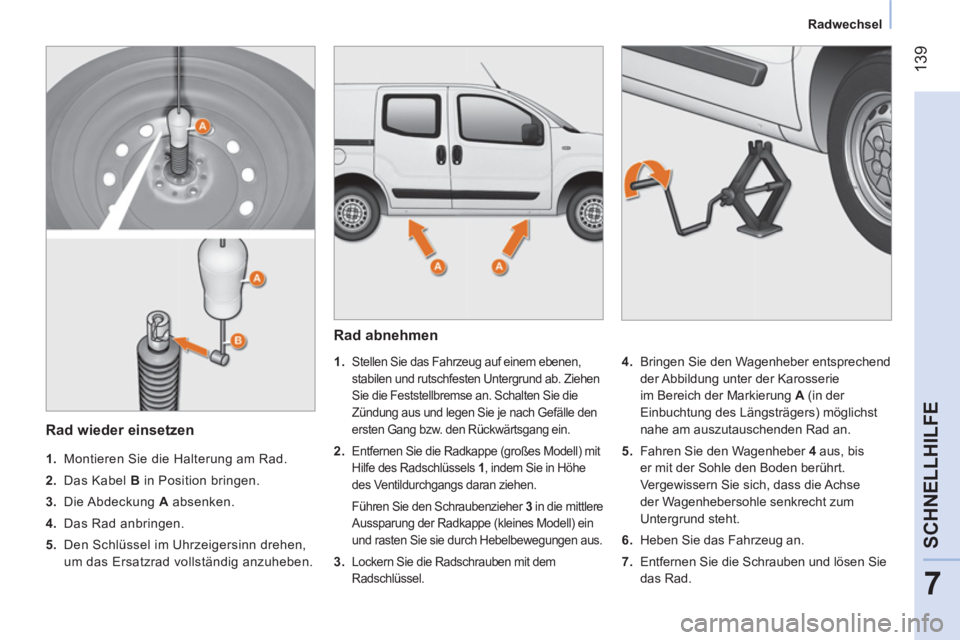 CITROEN NEMO 2013 Betriebsanleitungen (in German) 139
7
SCHNELLHILFE
Radwechsel
Rad abnehmen
1.
Stellen Sie das Fahrzeug auf einem ebenen,
stabilen und rutschfesten Untergrund ab. Ziehen
Sie die Feststellbremse an. Schalte CITROEN NEMO 2013 Betriebsanleitungen (in German) 139
7
SCHNELLHILFE
Radwechsel
Rad abnehmen
1.
Stellen Sie das Fahrzeug auf einem ebenen,
stabilen und rutschfesten Untergrund ab. Ziehen
Sie die Feststellbremse an. Schalte