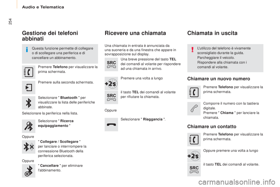 CITROEN BERLINGO MULTISPACE 2017 Libretti Di Uso E manutenzione (in Italian) Audio e Telematica
254
Berlingo2VP_it_Chap10a_SMEGplus_ed02-2016
Gestione dei telefoni
abbinati
Questa funzione permette di collegare
o di scollegare una periferica e di
cancellare un abbinamento.L CITROEN BERLINGO MULTISPACE 2017 Libretti Di Uso E manutenzione (in Italian) Audio e Telematica
254
Berlingo2VP_it_Chap10a_SMEGplus_ed02-2016
Gestione dei telefoni
abbinati
Questa funzione permette di collegare
o di scollegare una periferica e di
cancellare un abbinamento.L