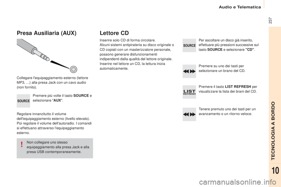 CITROEN BERLINGO ELECTRIC 2017  Libretti Di Uso E manutenzione (in Italian)  237
Berlingo-2-Vu_it_Chap10b_R d45_ed01-2015
Presa Ausiliaria (AUx)
Collegare l'equipaggiamento esterno (lettore 
MP3, …) alla presa Jack con un cavo audio 
(non fornito).
Premere più volte il