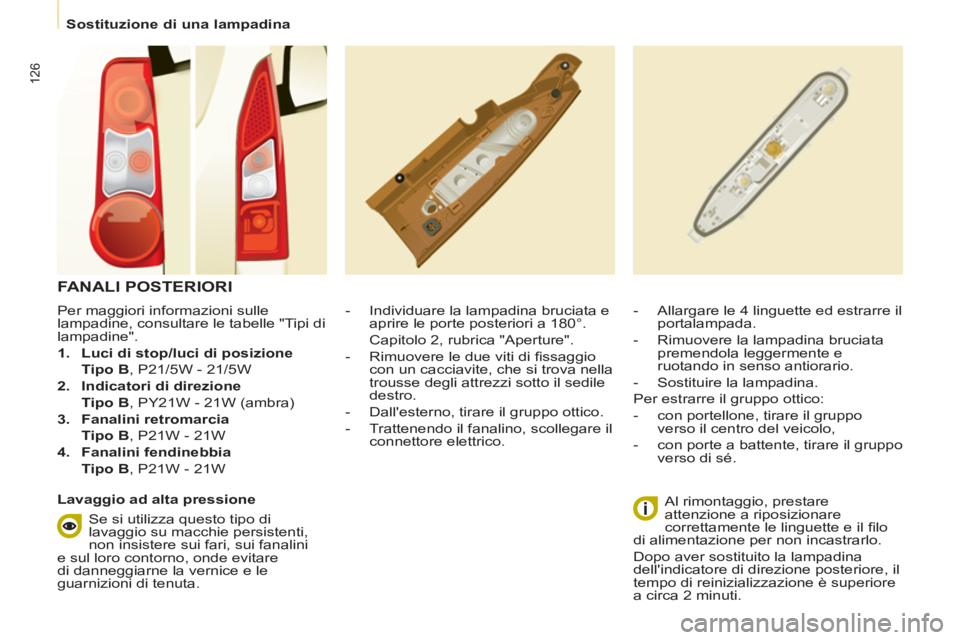 CITROEN BERLINGO ELECTRIC 2015 Libretti Di Uso E manutenzione (in Italian)
Sostituzione di una lampadina
126
Per maggiori informazioni sulle
lampadine, consultare le tabelle "Tipi di
lampadine".
1.
Luci di stop/luci di posizione
Tipo B
, P21 CITROEN BERLINGO ELECTRIC 2015 Libretti Di Uso E manutenzione (in Italian)
Sostituzione di una lampadina
126
Per maggiori informazioni sulle
lampadine, consultare le tabelle "Tipi di
lampadine".
1.
Luci di stop/luci di posizione
Tipo B
, P21