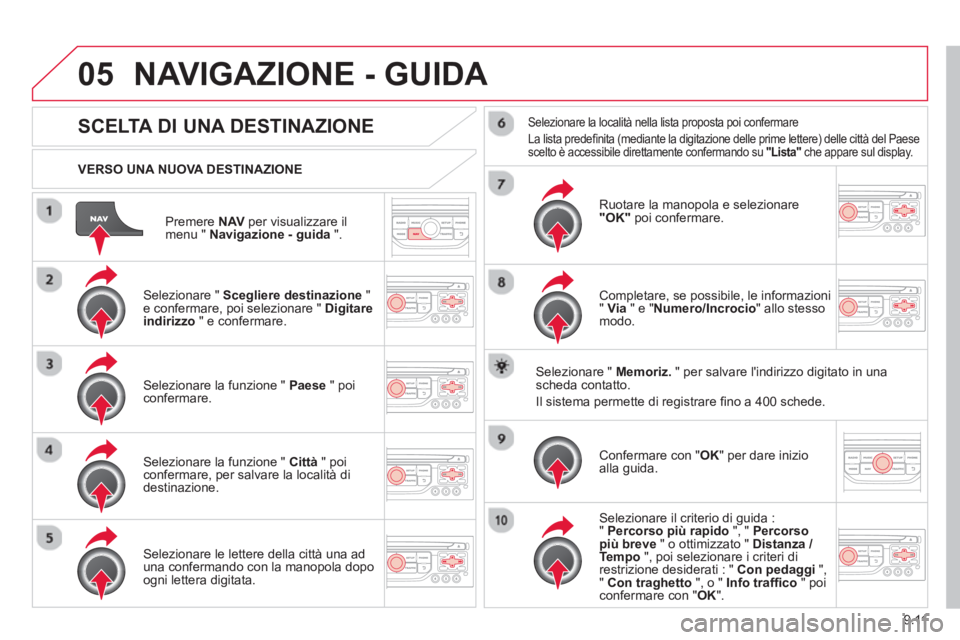 CITROEN BERLINGO ELECTRIC 2015 Libretti Di Uso E manutenzione (in Italian) 9.11
05
Premere NAV per visualizzare il
menu " Navigazione - guida".
VERSO UNA NUOVA DESTINAZIONE
NAVIGAZIONE - GUIDA
SCELTA DI UNA DESTINAZIONE
Selezionare " Scegliere d CITROEN BERLINGO ELECTRIC 2015 Libretti Di Uso E manutenzione (in Italian) 9.11
05
Premere NAV per visualizzare il
menu " Navigazione - guida".
VERSO UNA NUOVA DESTINAZIONE
NAVIGAZIONE - GUIDA
SCELTA DI UNA DESTINAZIONE
Selezionare " Scegliere d