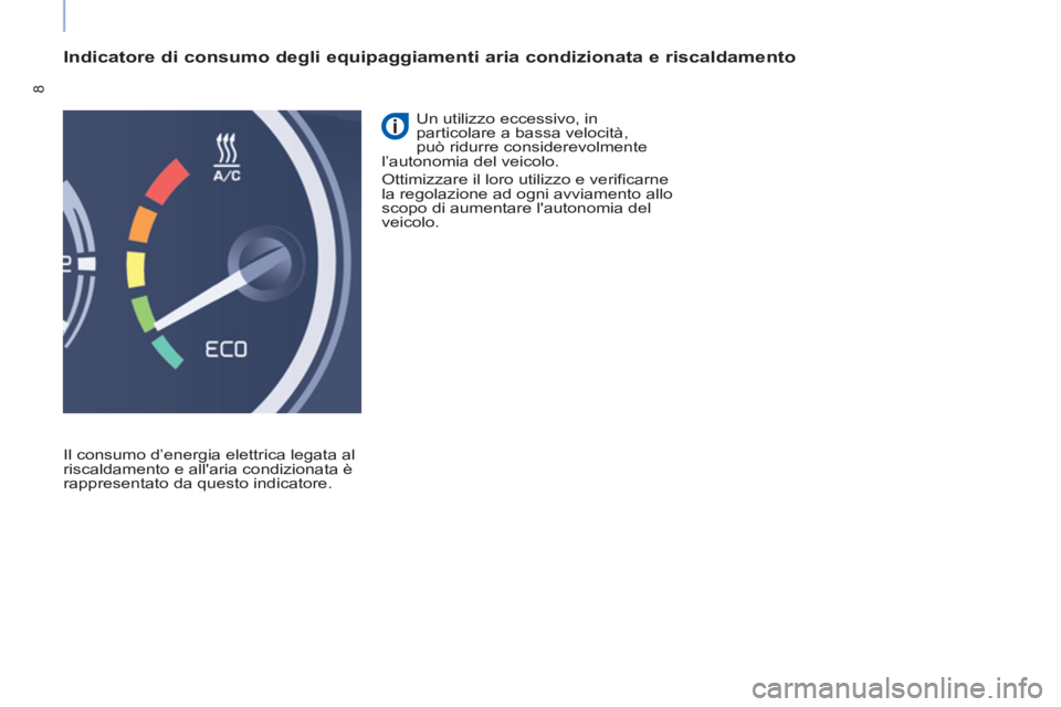 CITROEN BERLINGO ELECTRIC 2015  Libretti Di Uso E manutenzione (in Italian) 8
   
Indicatore di consumo degli equipaggiamenti aria condizionata e riscaldamento 
 
Il consumo d’energia elettrica legata al 
riscaldamento e allaria condizionata è 
rappresentato da questo ind