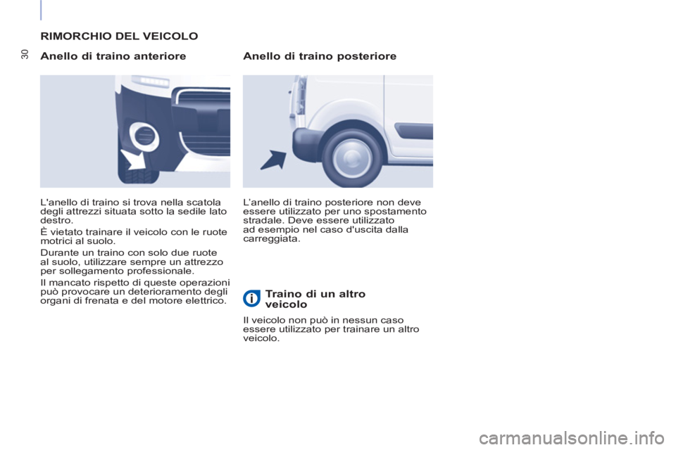 CITROEN BERLINGO ELECTRIC 2015  Libretti Di Uso E manutenzione (in Italian) 30
  RIMORCHIO DEL VEICOLO
   
Anello di traino anteriore 
 
L’anello di traino posteriore non deve 
essere utilizzato per uno spostamento 
stradale. Deve essere utilizzato 
ad esempio nel caso dus