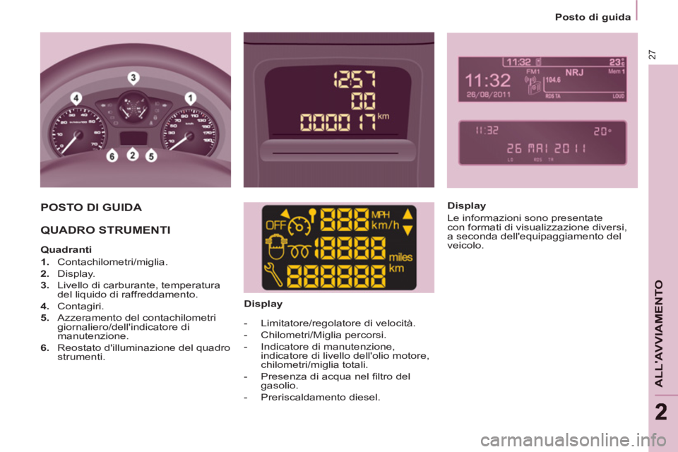 CITROEN BERLINGO ELECTRIC 2015  Libretti Di Uso E manutenzione (in Italian)    
 
Posto di guida  
 
27
ALLAVVIAMENTO
22
 
POSTO DI GUIDA 
 
  QUADRO STRUMENTI  
 
 
 
Quadranti 
   
 
1. 
 Contachilometri/miglia. 
   
2. 
 Display. 
   
3. 
  Livello di carburante, temperat