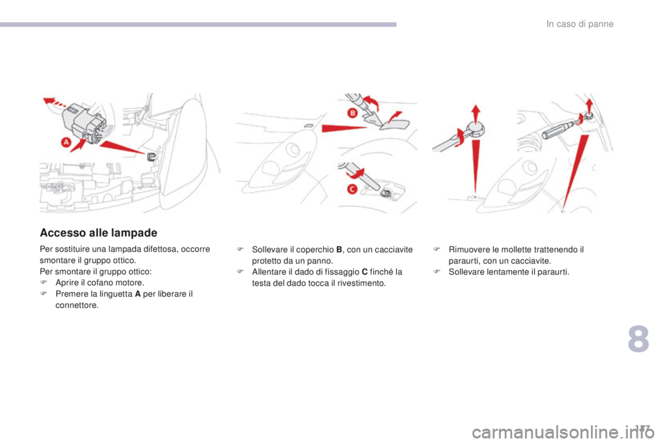 CITROEN C-ZERO 2017  Libretti Di Uso E manutenzione (in Italian) 127
C-Zero_it_Chap08_en-cas-de-panne_ed01-2016
F Sollevare il coperchio B, con un cacciavite 
protetto da un panno.
F
 
A
 llentare il dado di fissaggio C finché la 
testa del dado tocca il rivestime