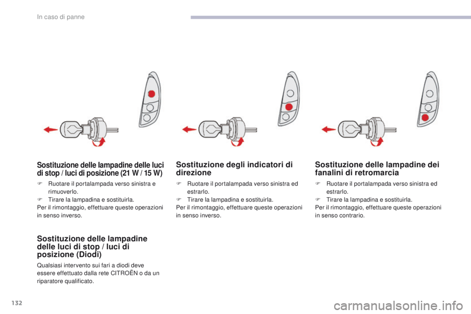 CITROEN C-ZERO 2017  Libretti Di Uso E manutenzione (in Italian) 132
C-Zero_it_Chap08_en-cas-de-panne_ed01-2016
Sostituzione degli indicatori di 
direzione
Sostituzione delle lampadine 
delle luci di stop / luci di 
posizione (Diodi)
Qualsiasi intervento sui fari a