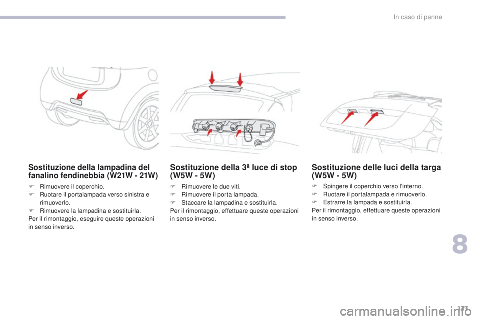 CITROEN C-ZERO 2017  Libretti Di Uso E manutenzione (in Italian) 133
C-Zero_it_Chap08_en-cas-de-panne_ed01-2016
Sostituzione della lampadina del 
fanalino fendinebbia (W21W - 21W)
F  rimuovere il coperchio.
F  ru otare il portalampada verso sinistra e 
rimuoverlo.

