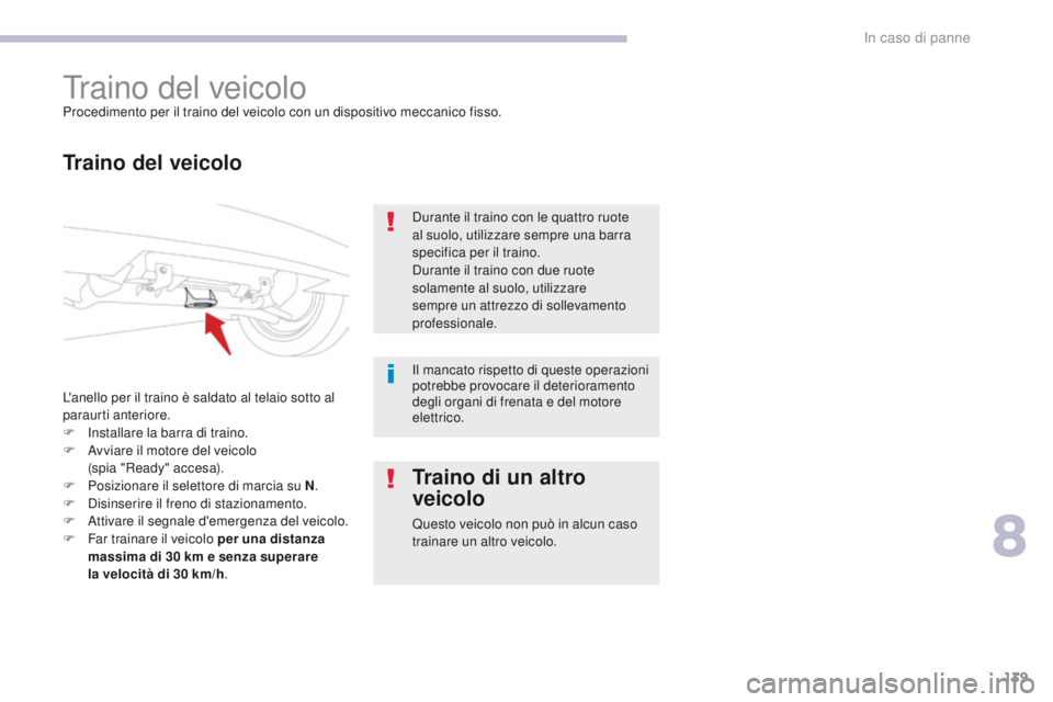 CITROEN C-ZERO 2017  Libretti Di Uso E manutenzione (in Italian) 139
C-Zero_it_Chap08_en-cas-de-panne_ed01-2016
traino del veicoloProcedimento per il traino del veicolo con un dispositivo meccanico fisso.
Traino del veicolo
L'anello per il traino è saldato al 