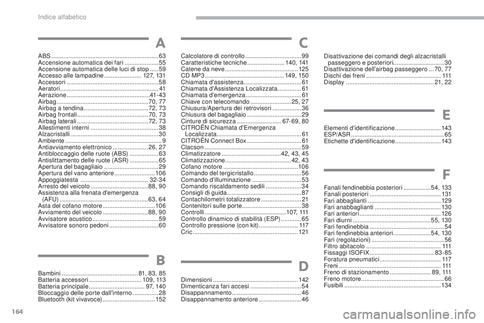 CITROEN C-ZERO 2017  Libretti Di Uso E manutenzione (in Italian) 164
ABS ...............................................................63
Accensione automatica dei fari   ....................55
Accensione automatica delle luci di stop
  .....59
Accesso alle lampad