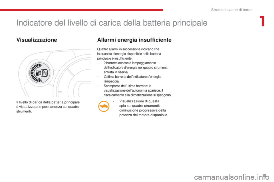 CITROEN C-ZERO 2017  Libretti Di Uso E manutenzione (in Italian) 19
C-Zero_it_Chap01_instruments-de-bord_ed01-2016
indicatore del livello di carica della batteria principale
Visualizzazione
Quattro allarmi in successione indicano che 
la quantità d'energia dis
