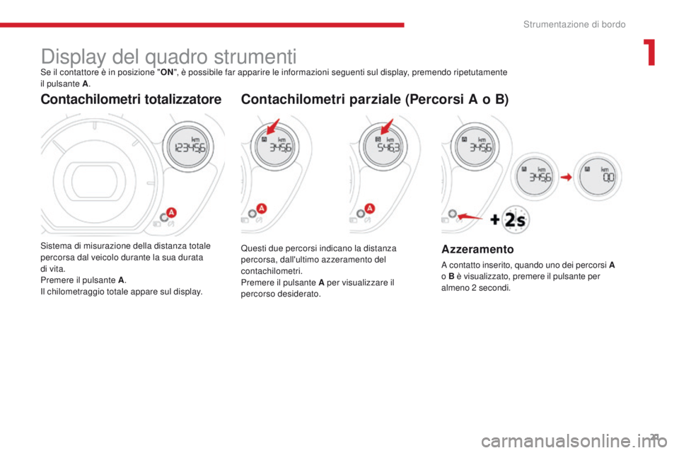 CITROEN C-ZERO 2017  Libretti Di Uso E manutenzione (in Italian) 21
C-Zero_it_Chap01_instruments-de-bord_ed01-2016
Display del quadro strumentiSe il contattore è in posizione "ON", è possibile far apparire le informazioni seguenti sul display, premendo ri