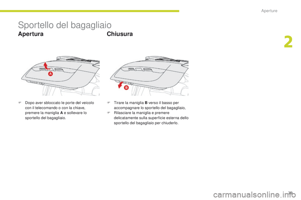 CITROEN C-ZERO 2017  Libretti Di Uso E manutenzione (in Italian) 29
C-Zero_it_Chap02_ouvertures_ed01-2016
Sportello del bagagliaio
Apertura
F Dopo aver sbloccato le porte del veicolo con il telecomando o con la chiave, 
premere la maniglia A e sollevare lo 
sportel