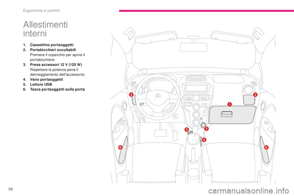 CITROEN C-ZERO 2017  Libretti Di Uso E manutenzione (in Italian) 38
C-Zero_it_Chap03_ergonomie-et-confort_ed01-2016
Allestimenti  
interni
1. Cassettino portaoggetti
2. Portabicchieri occultabili
 P

remere il coperchio per aprire il 
portabicchiere.
3.
 P

resa ac