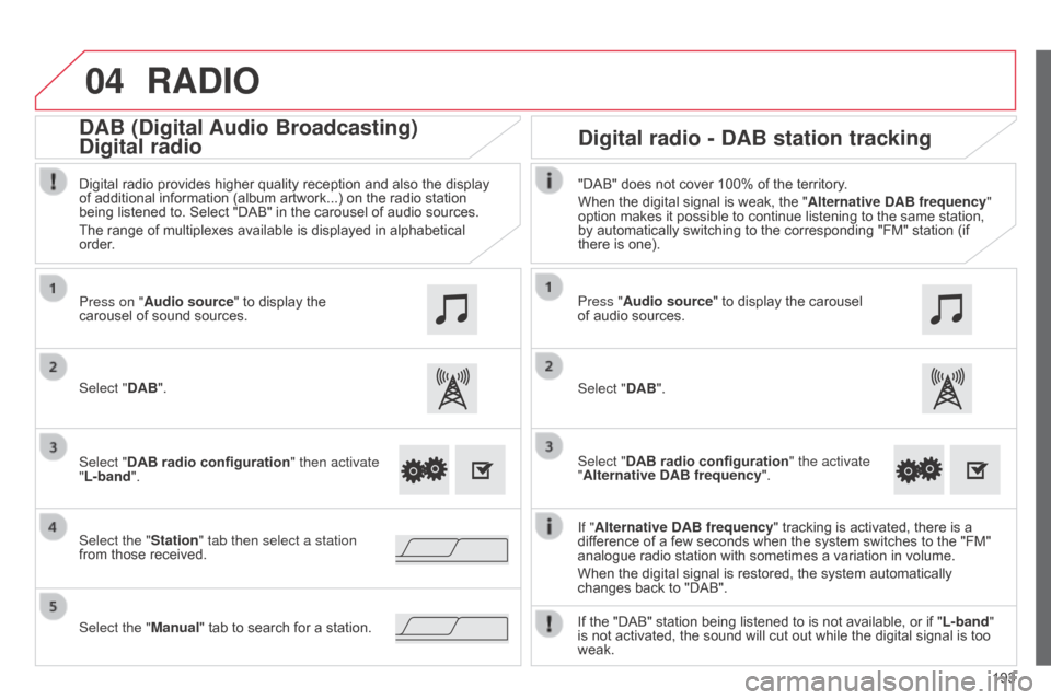 Citroen C1 2014 1.G Owners Manual 04
193
RADIO
If "Alternative DAB frequency " tracking is activated, there is a
difference of a few seconds when the system switches to the "FM"
analogue radio station with sometimes a variation in v Citroen C1 2014 1.G Owners Manual 04
193
RADIO
If "Alternative DAB frequency " tracking is activated, there is a
difference of a few seconds when the system switches to the "FM"
analogue radio station with sometimes a variation in v