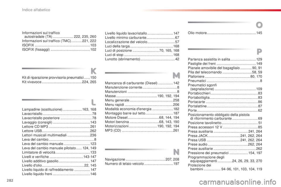 CITROEN C3 PICASSO 2015  Libretti Di Uso E manutenzione (in Italian) 282
C3Picasso_it_Chap15_index-alpha_ed01-2014
olio motore.................................................. 145
Partenza assistita in salita
 
 ..........................129
Pastiglie dei freni
 

...