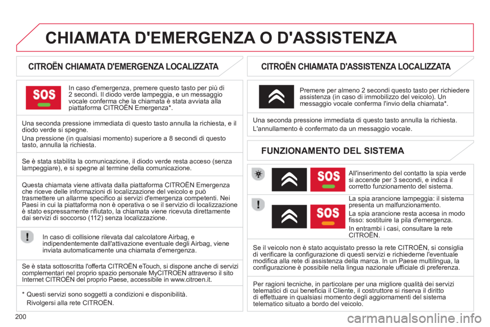CITROEN C3 PICASSO 2014  Libretti Di Uso E manutenzione (in Italian) 200
CHIAMATA DEMERGENZA O DASSISTENZA   
 
 
 
 
 
 
 
 
CITROËN CHIAMATA DEMERGENZA LOCALIZZATA  
In caso demergenza, premere questo tasto per più di2 secondi. Il diodo verde lampeggia, e un me