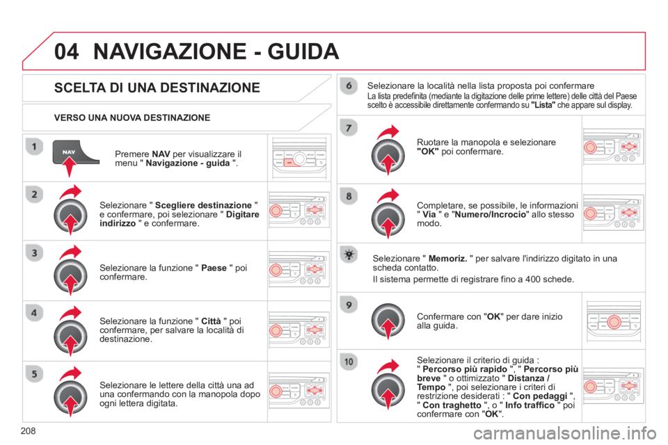 CITROEN C3 PICASSO 2014  Libretti Di Uso E manutenzione (in Italian) 208
04
Premere NAV   per visualizzare il
menu "  Navigazione - guida".
   VERSO UNA NUOVA DESTINAZIONE
NAVIGAZIONE - GUIDA 
SCELTA DI UNA DESTINAZIONE
 
 Selezionare " Scegliere destinazione"e conferm