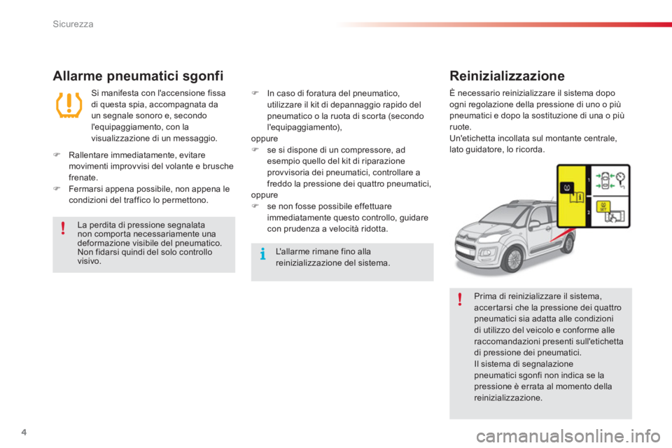 CITROEN C3 PICASSO 2014  Libretti Di Uso E manutenzione (in Italian) Sicurezza
4
   
Allarme pneumatici sgonfi 
 
Si manifesta con laccensione fissa 
di questa spia, accompagnata da 
un segnale sonoro e, secondo 
lequipaggiamento, con la 
visualizzazione di un messag