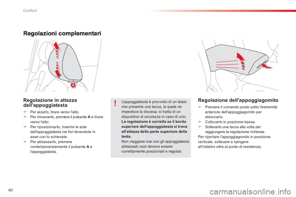 CITROEN C3 PICASSO 2014  Libretti Di Uso E manutenzione (in Italian) Confort
60
   
Regolazione dellappoggiagomito 
�)Premere il comando posto sotto lestremità anteriore dellappoggiagomito per sbloccarlo.
   
�) 
  Collocarlo in posizione bassa. 
   
�) 
  Sollevar