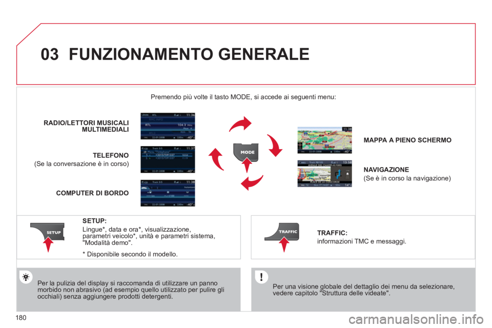 CITROEN C3 PICASSO 2012  Libretti Di Uso E manutenzione (in Italian) 180
03  FUNZIONAMENTO GENERALE 
 
 Per una visione globale del dettaglio dei menu da selezionare,vedere capitolo "Struttura delle videate".  
 
Premendo più volte il tasto MODE, si accede ai seguenti