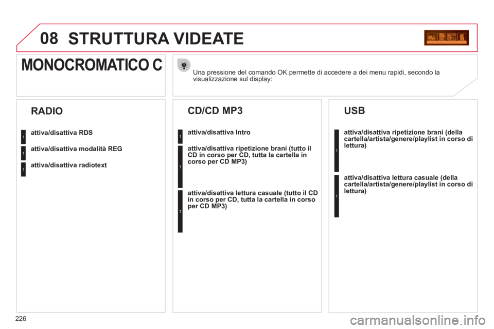 CITROEN C3 PICASSO 2012  Libretti Di Uso E manutenzione (in Italian) 226
08STRUTTURA VIDEATE 
Una pressione del comando OK permette di accedere a dei menu rapidi, secondo la
visualizzazione sul display: 
MONOCROMATICO C
attiva/disattiva RDS
attiva/disattiva modalità R