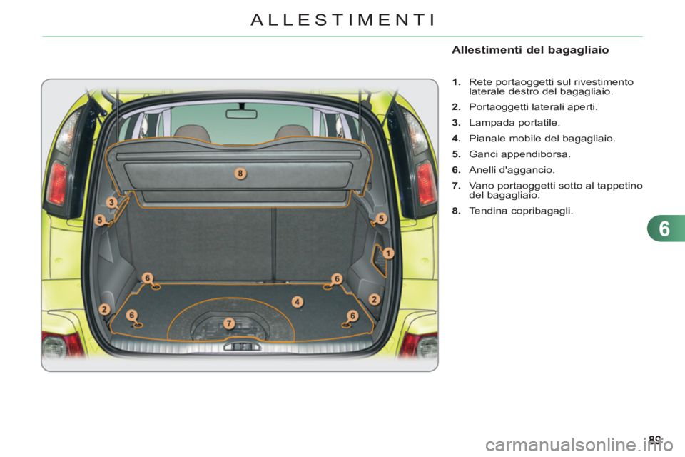 CITROEN C3 PICASSO 2012  Libretti Di Uso E manutenzione (in Italian) 6
ALLESTIMENTI
Allestimenti del bagagliaio
   
 
1. 
  Rete portaoggetti sul rivestimento 
laterale destro del bagagliaio. 
   
2. 
  Portaoggetti laterali aperti. 
   
3. 
 Lampada portatile. 
   
4.