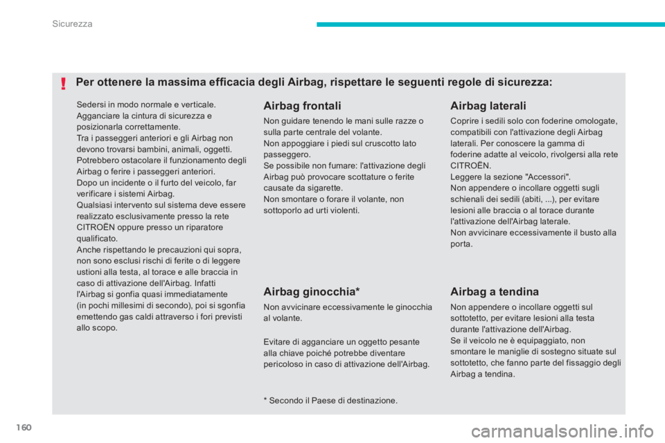 CITROEN C3 AIRCROSS 2014  Libretti Di Uso E manutenzione (in Italian) 160
Sicurezza
  Sedersi in modo normale e verticale. 
  Agganciare la cintura di sicurezza e 
posizionarla correttamente. 
  Tra i passeggeri anteriori e gli Airbag non 
devono trovarsi bambini, anima