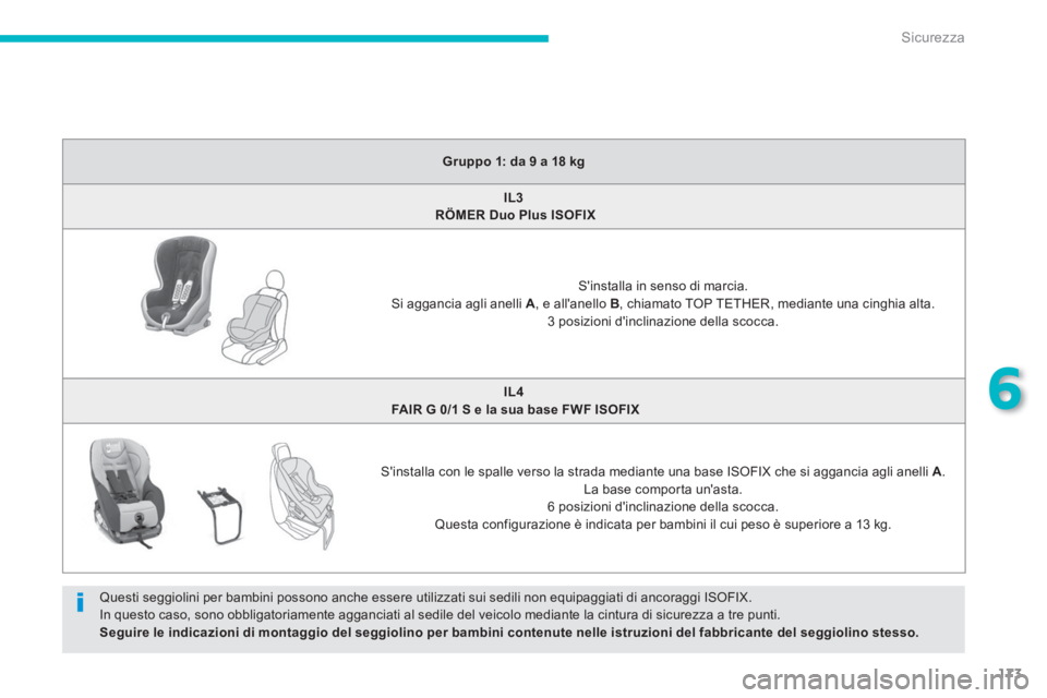 CITROEN C3 AIRCROSS 2014  Libretti Di Uso E manutenzione (in Italian) 173
6
Sicurezza
   
 
Gruppo 1: da 9 a 18 kg 
 
 
   
 
IL3  
 
 
  RÖMER Duo Plus ISOFIX 
 
 
   
 
    
Sinstalla in senso di marcia.  
Si aggancia agli anelli  A 
, e allanello  B 
, chiamato TO
