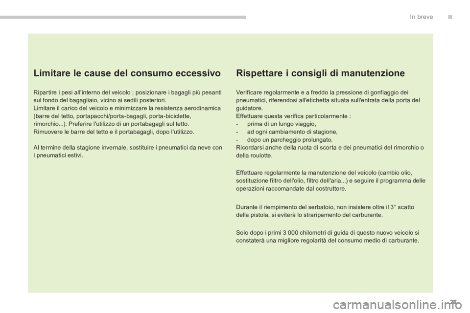 CITROEN C3 AIRCROSS 2014 Libretti Di Uso E manutenzione (in Italian) 23
.In breve
Limitare le cause del consumo eccessivo
Ripartire i pesi allinterno del veicolo ; posizionare i bagagli più pesanti
sul fondo del bagagliaio, vicino ai sedili posteriori.
L CITROEN C3 AIRCROSS 2014 Libretti Di Uso E manutenzione (in Italian) 23
.In breve
Limitare le cause del consumo eccessivo
Ripartire i pesi allinterno del veicolo ; posizionare i bagagli più pesanti
sul fondo del bagagliaio, vicino ai sedili posteriori.
L