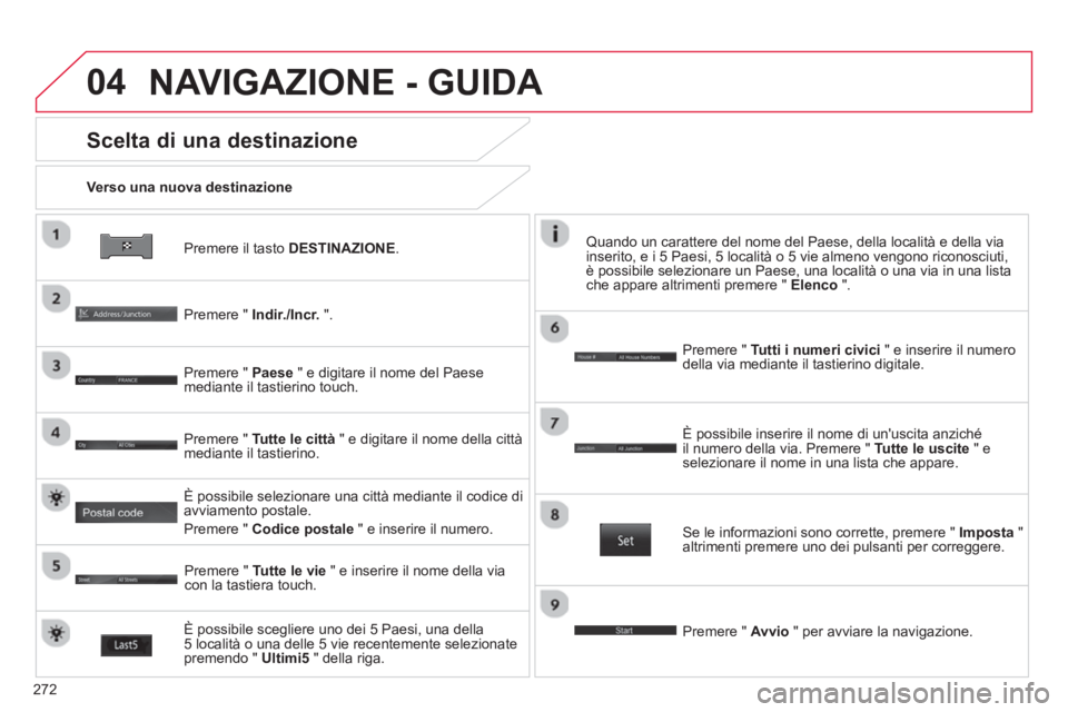 CITROEN C3 AIRCROSS 2014 Libretti Di Uso E manutenzione (in Italian) 272
04
Premere il tasto DESTINAZIONE
.
Verso una nuova destinazione
Scelta di una destinazione
Premere " Indir./Incr.
".
Premere " Paese
" e digitare il nome del Pae CITROEN C3 AIRCROSS 2014 Libretti Di Uso E manutenzione (in Italian) 272
04
Premere il tasto DESTINAZIONE
.
Verso una nuova destinazione
Scelta di una destinazione
Premere " Indir./Incr.
".
Premere " Paese
" e digitare il nome del Pae