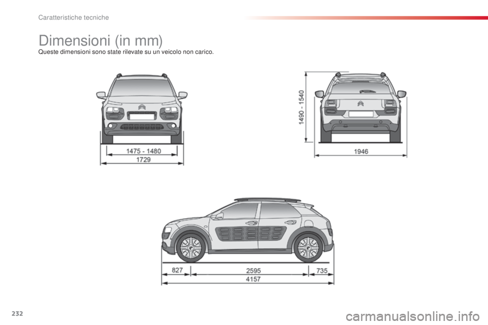 CITROEN C4 CACTUS 2014  Libretti Di Uso E manutenzione (in Italian) 232
E3_it_Chap11_caracteristiques_techniques_ed01-2014
Dimensioni (in mm)Queste dimensioni sono state rilevate su un veicolo non carico. 
Caratteristiche tecniche  