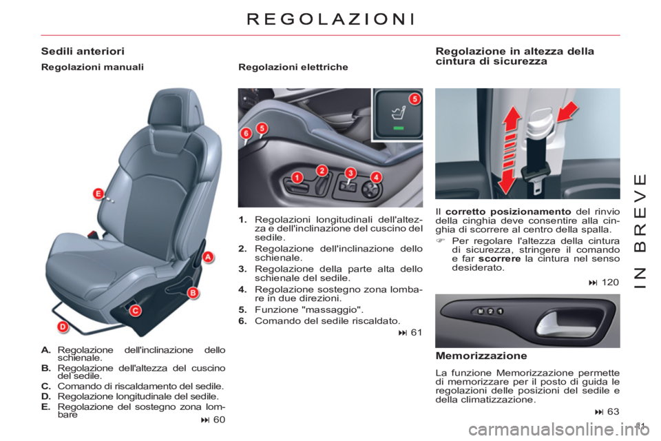 CITROEN C5 2014  Libretti Di Uso E manutenzione (in Italian) 11  
IN BREVE
   
 
1. 
  Regolazioni longitudinali dellaltez-
za e dellinclinazione del cuscino del 
sedile. 
   
2. 
  Regolazione dellinclinazione dello 
schienale. 
   
3. 
  Regolazione della 