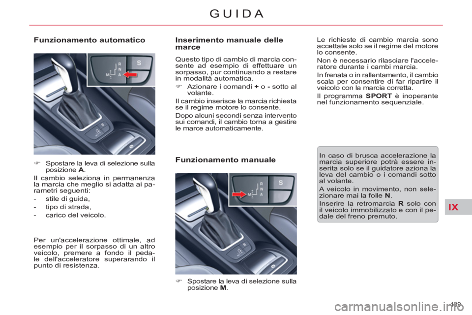 CITROEN C5 2014  Libretti Di Uso E manutenzione (in Italian) IX
139 
GUIDA
   
Inserimento manuale delle 
marce 
  Questo tipo di cambio di marcia con-
sente ad esempio di effettuare un 
sorpasso, pur continuando a restare 
in modalità automatica. 
   
 
�) 
 