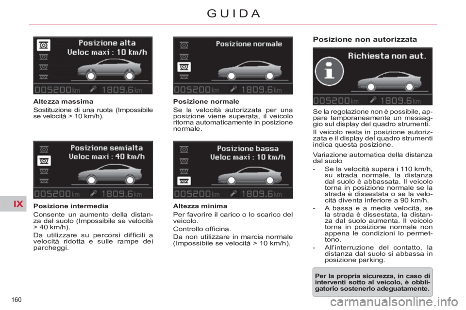 CITROEN C5 2014  Libretti Di Uso E manutenzione (in Italian) IX
160 
GUIDA
   
Posizione non autorizzata 
 
Se la regolazione non è possibile, ap-
pare temporaneamente un messag-
gio sul display del quadro strumenti. 
  Il veicolo resta in posizione autoriz-
z