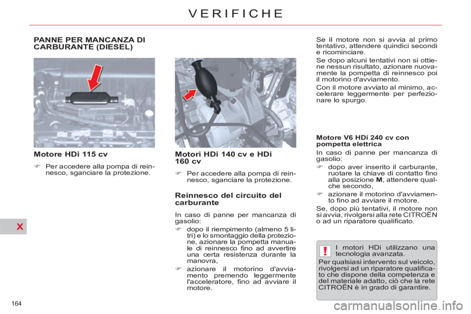 CITROEN C5 2014  Libretti Di Uso E manutenzione (in Italian) !
X
  PANNE PER MANCANZA DI
CARBURANTE (DIESEL)
   
 
Motore HDi 115 cv  
 
 
 
�) 
  Per accedere alla pompa di rein-
nesco, sganciare la protezione.  
 
 
 
 
Motori HDi 140 cv e HDi 
160 cv  
 
 
 