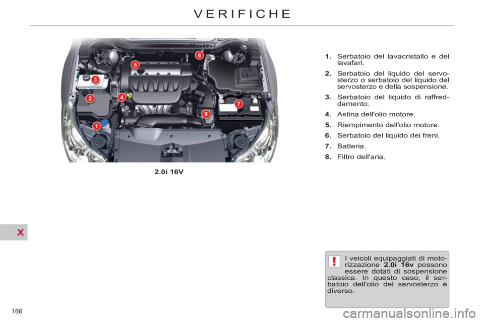 CITROEN C5 2014  Libretti Di Uso E manutenzione (in Italian) X
!
166 
VERIFICHE
  I veicoli equipaggiati di moto-
rizzazione  2.0i 16v 
 possono 
essere dotati di sospensione 
classica. In questo caso, il ser-
batoio dellolio del servosterzo è 
diverso.     
