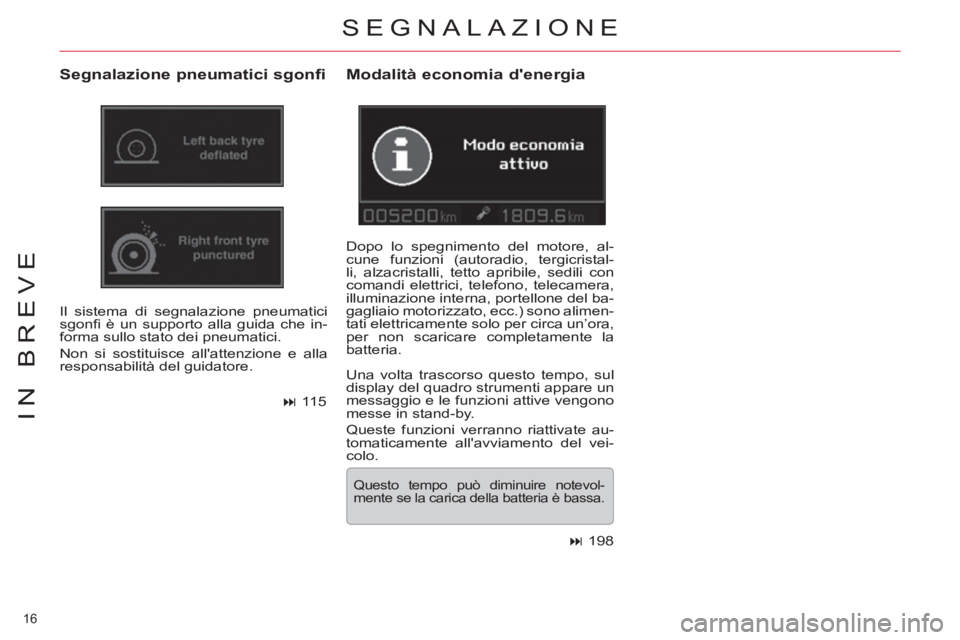 CITROEN C5 2014  Libretti Di Uso E manutenzione (in Italian) 16 
IN BREVE
 SEGNALAZIONE 
   
Segnalazione pneumatici sgonfi 
 
Il sistema di segnalazione pneumatici 
sgonﬁ  è un supporto alla guida che in-
forma sullo stato dei pneumatici. 
  Non si sostitui