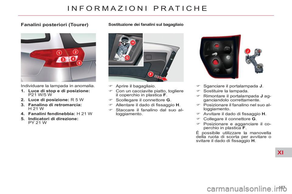 CITROEN C5 2014  Libretti Di Uso E manutenzione (in Italian) XI
187 
INFORMAZIONI PRATICHE
   
Sostituzione dei fanalini sul bagagliaio 
 
 
 
�) 
  Aprire il bagagliaio. 
   
�) 
  Con un cacciavite piatto, togliere 
il coperchio in plastica  F 
. 
   
�) 
  S