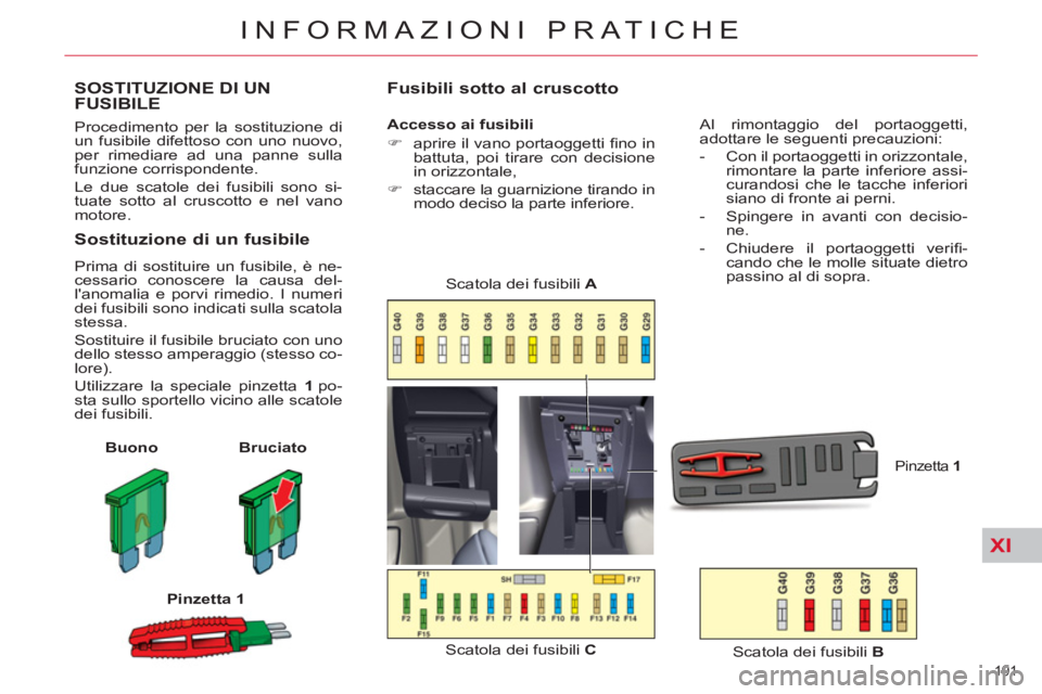 CITROEN C5 2014  Libretti Di Uso E manutenzione (in Italian) XI
191 
INFORMAZIONI PRATICHE
SOSTITUZIONE DI UN
FUSIBILE
  Procedimento per la sostituzione di 
un fusibile difettoso con uno nuovo, 
per rimediare ad una panne sulla 
funzione corrispondente. 
  Le 