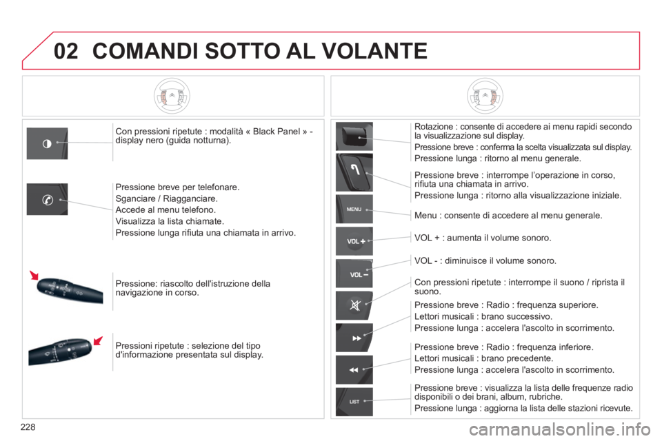 CITROEN C5 2014  Libretti Di Uso E manutenzione (in Italian) 228
02
MENU
LIST
COMANDI SOTTO AL VOLANTE
Con pressioni ripetute : modalità « Black Panel » - 
display nero (guida notturna). 
Pressione breve per tele
fonare.  
Sganciare / Riagganciare.  
A
ccede