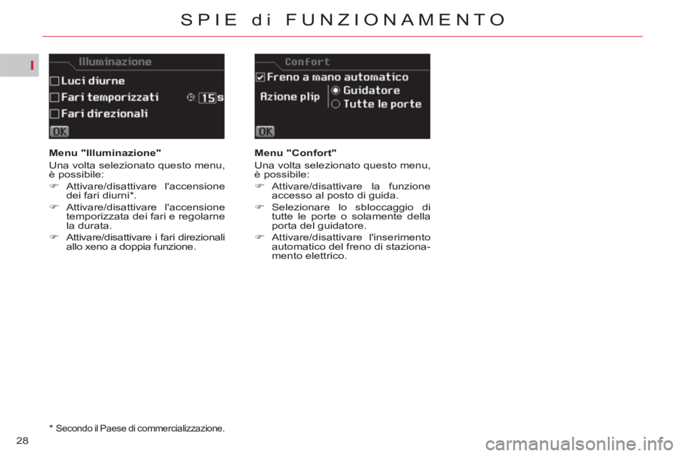 CITROEN C5 2014  Libretti Di Uso E manutenzione (in Italian) I
28
SPIE di FUNZIONAMENTO
   
 
Menu "Illuminazione" 
  Una volta selezionato questo menu, 
è possibile: 
   
 
�) 
 Attivare/disattivare  laccensione 
dei fari diurni * . 
   
�) 
 Attivare/disatt