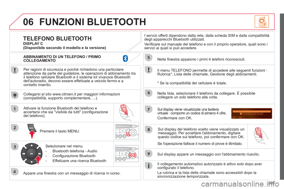 CITROEN C5 2014  Libretti Di Uso E manutenzione (in Italian) 289
06FUNZIONI BLUETOOTH 
   
Per ragioni di sicurezza e poiché richiedono una particolare
attenzione da parte del guidatore, le operazioni di abbinamento tra 
il telefono cellulare Bluetooth e il si