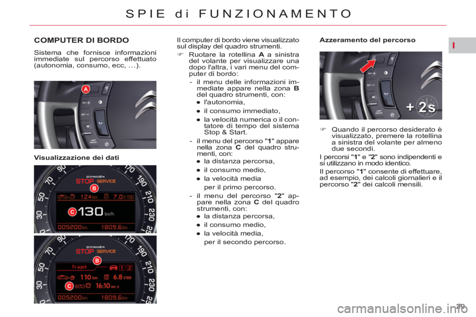 CITROEN C5 2014  Libretti Di Uso E manutenzione (in Italian) I
29 
SPIE di FUNZIONAMENTO
COMPUTER DI BORDO
  Sistema che fornisce informazioni 
immediate sul percorso effettuato 
(autonomia, consumo, ecc, …).  
 
 
   
Visualizzazione dei dati    
Azzeramento
