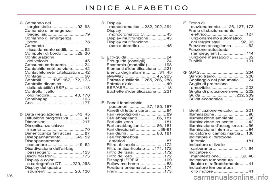 CITROEN C5 2014  Libretti Di Uso E manutenzione (in Italian) 306 
INDICE ALFABETICO
C Comando del 
tergicristallo ..................... 92,  93
 Comando di emergenza 
bagagliaio .............................. 79
  Comando di emergenza 
porte ...................