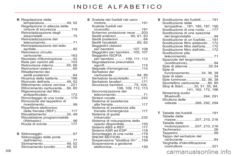 CITROEN C5 2014  Libretti Di Uso E manutenzione (in Italian) 308 
INDICE ALFABETICO
R Regolazione della 
temperatura ..................... 49,  52
  Regolazione in altezza delle 
cinture di sicurezza ............. 119
 Reinizializzazione degli 
alzacristalli ..